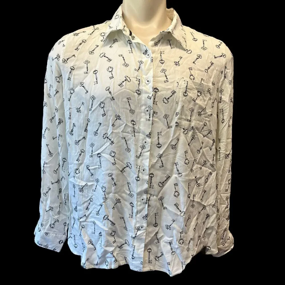 Dress Barn Blouse Womens XL Silver Key Fancy Button Down Collar Art to Wear